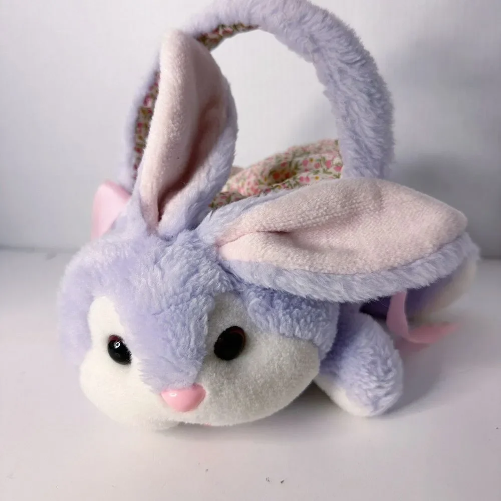 Vintage Plush Easter Bunny Basket Soft Tote Bag White‎ Pink Plush